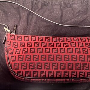 Fendi Red Zucca FF Monogram Canvas Baguette Shoulder Bag